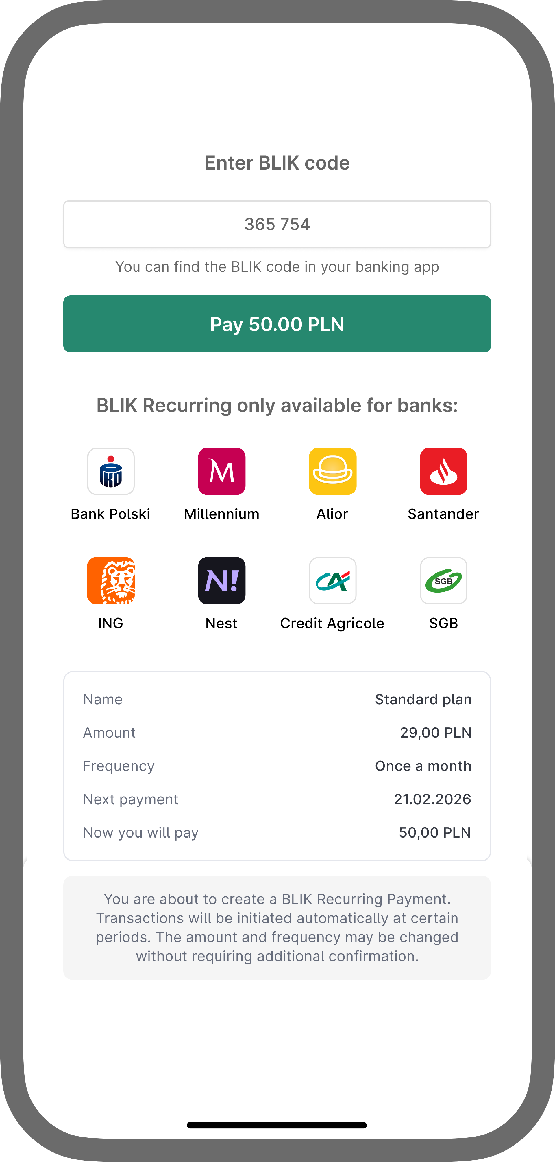 Blik Recurring payment page example