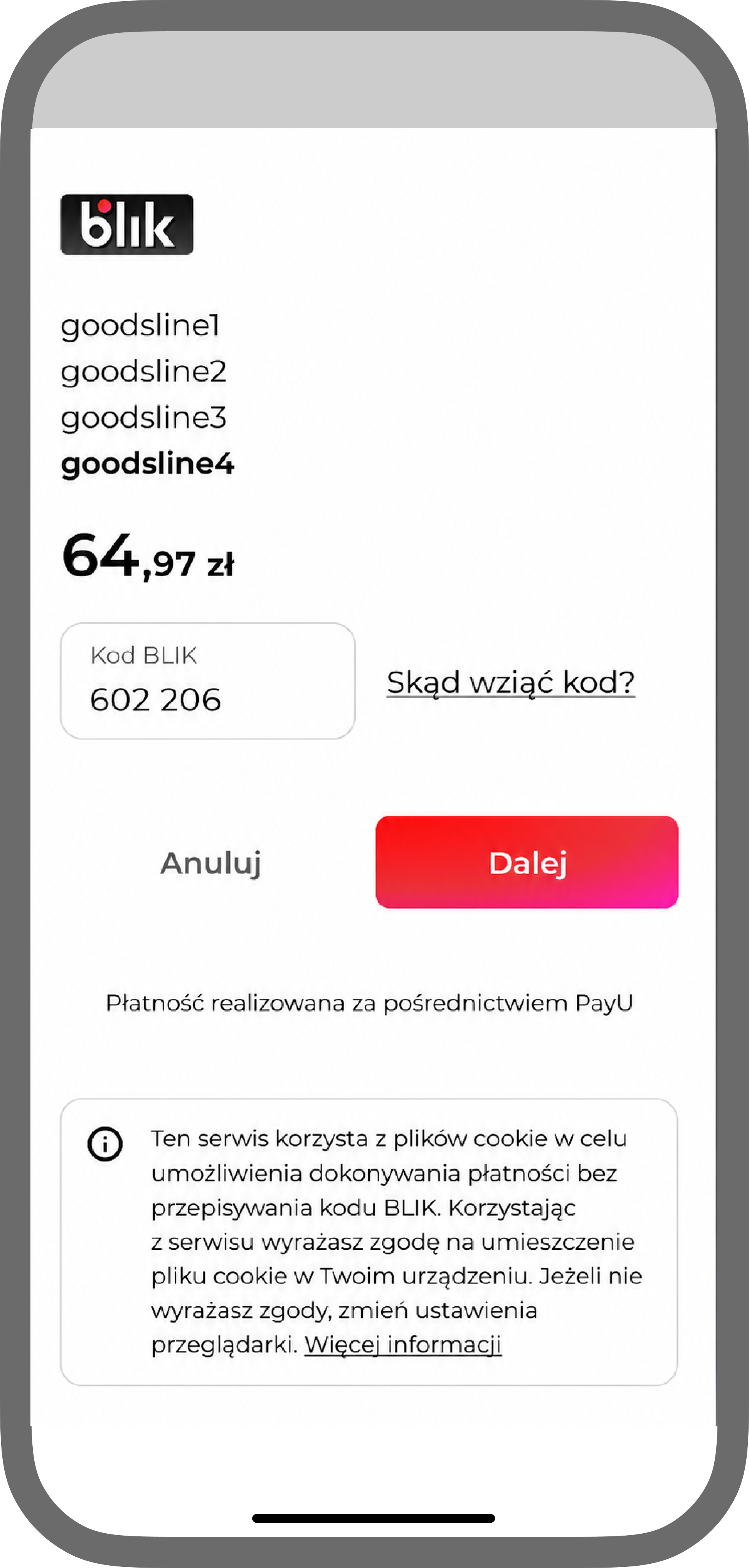 Blik banking app confirmation example